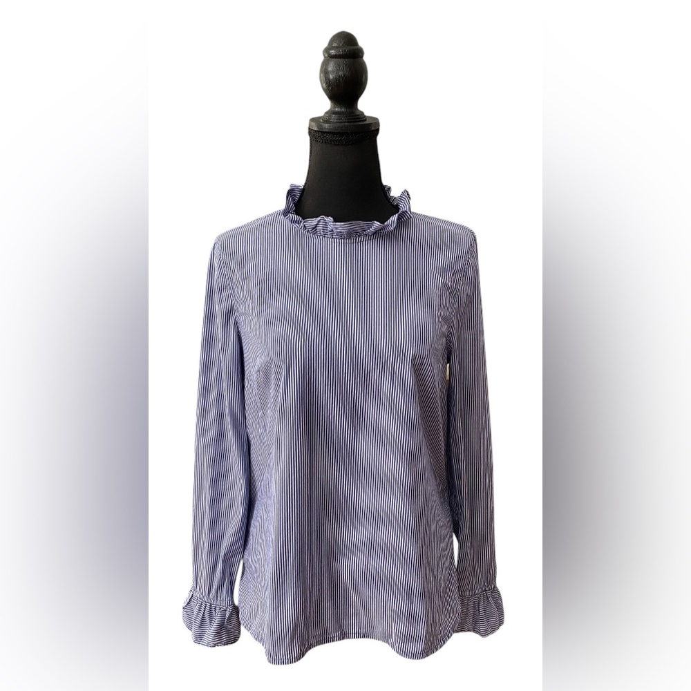 Dalia: Blue and White Pin Stripe Shirt with a Ruffle Collar